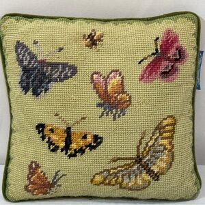 Williamsburg Vintage Butterfly Moth Needlepoint Throw Pillow Green Velvet Square